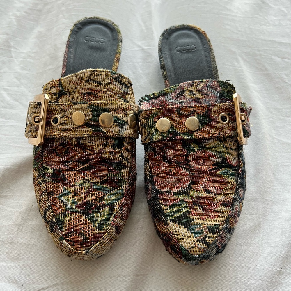 ASOS Jacuqard Floral Metallic Gold Buckle Mules